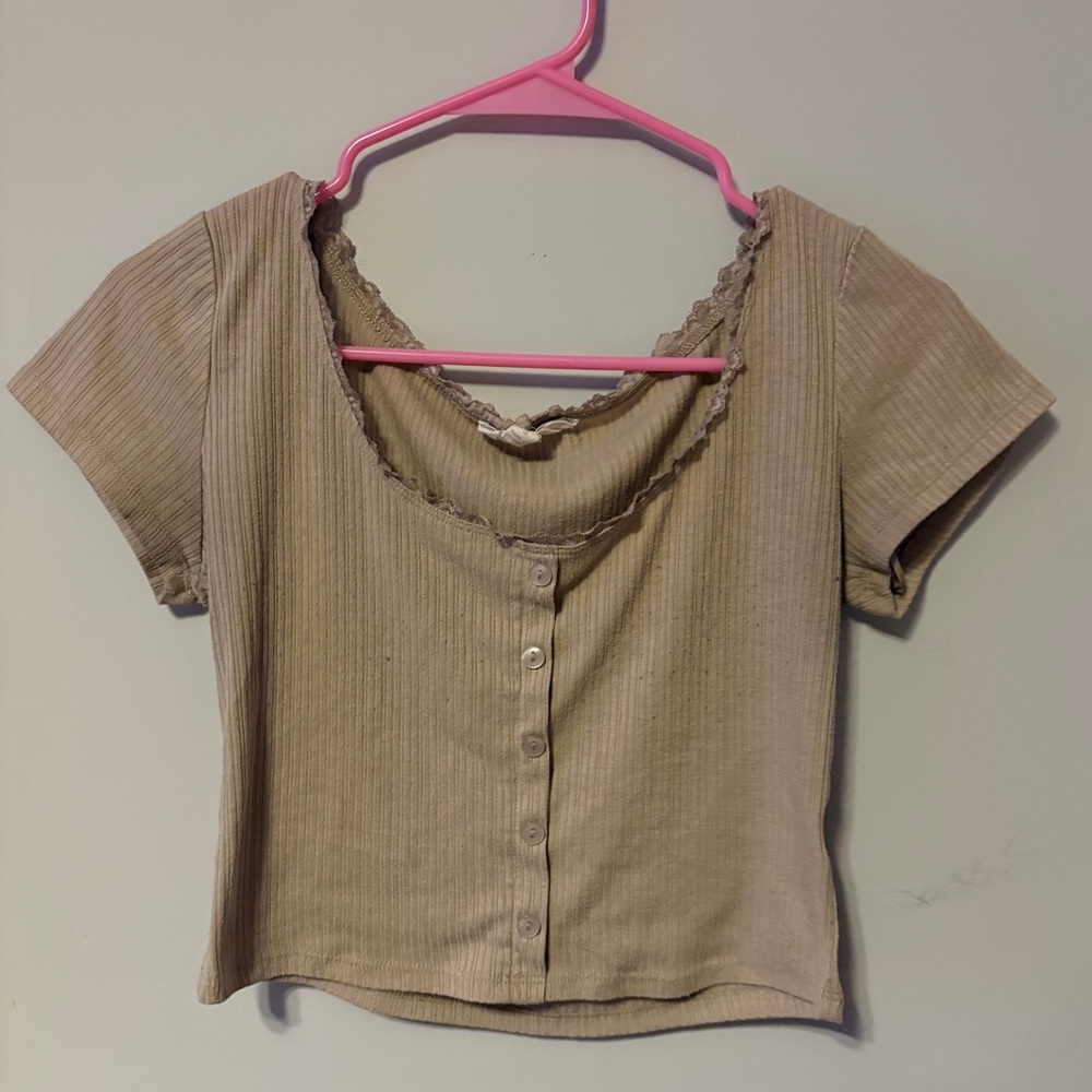 Pink Rose Beige Ribbed Button-Front Crop Top